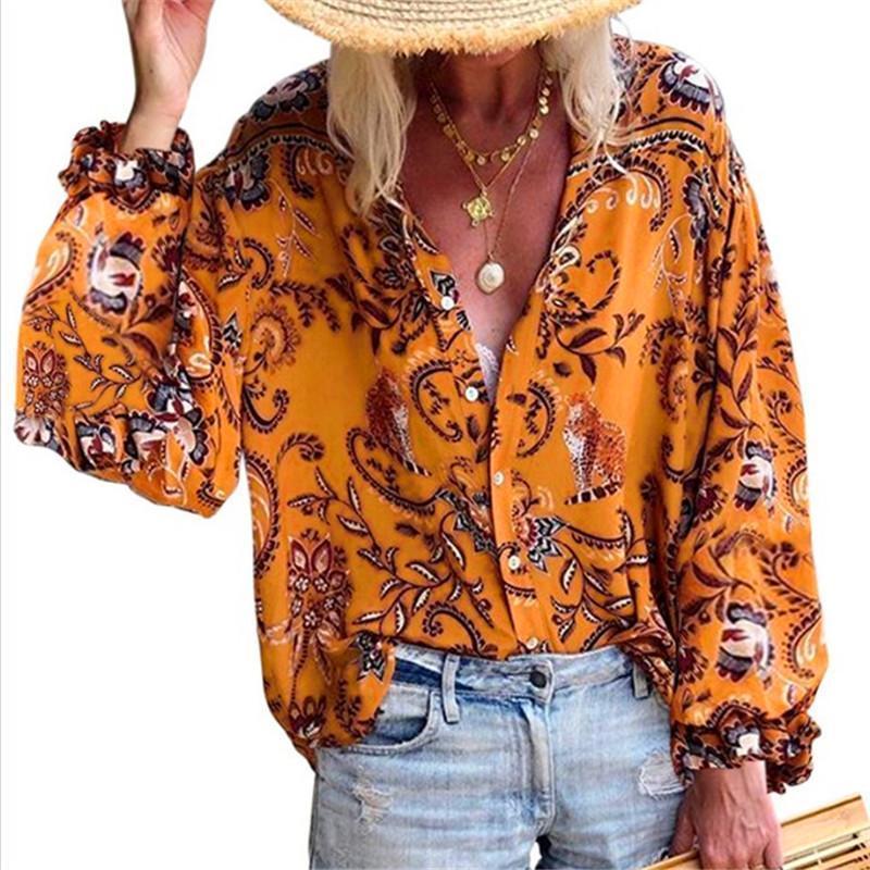 Boho Floral Printed Women Autumn Button Lapel Collar Long Sleeve Loose Shirt Blouse