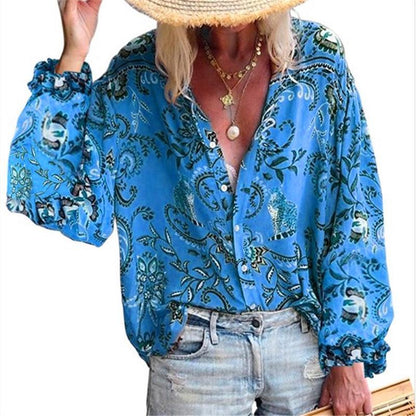 Boho Floral Printed Women Autumn Button Lapel Collar Long Sleeve Loose Shirt Blouse
