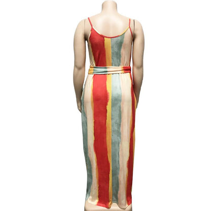 Large Women'S Stripe Loose Dress With Belt And Suspender Summer