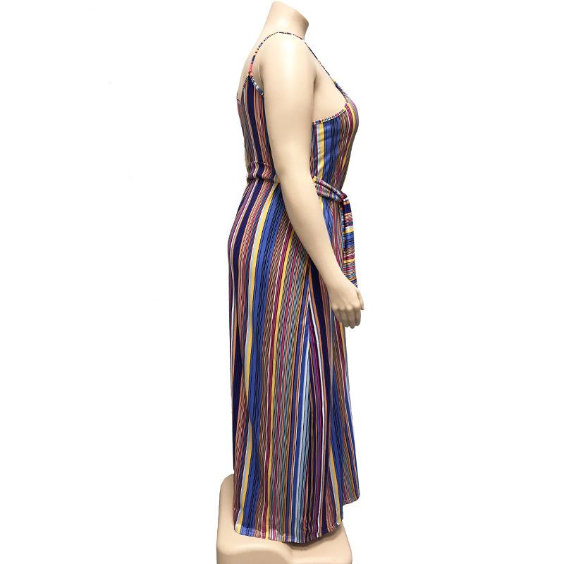 Large Women'S Stripe Loose Dress With Belt And Suspender Summer