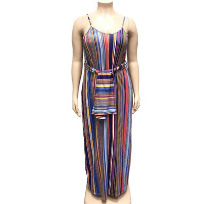 Large Women'S Stripe Loose Dress With Belt And Suspender Summer