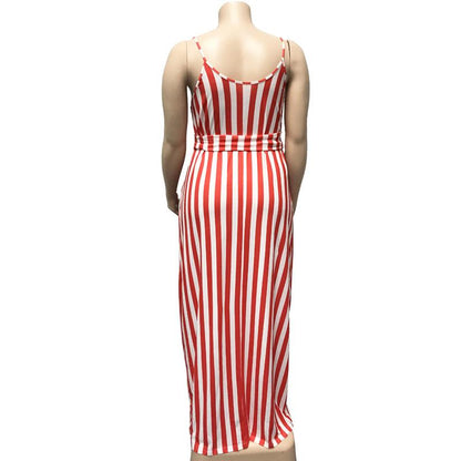 Large Women'S Stripe Loose Dress With Belt And Suspender Summer