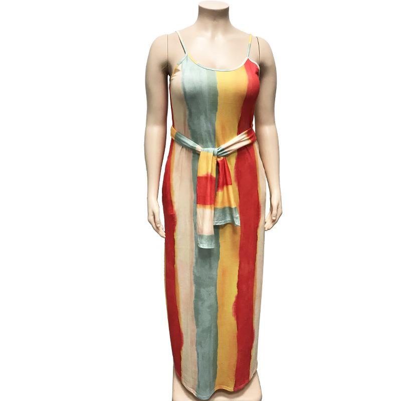 Large Women'S Stripe Loose Dress With Belt And Suspender Summer