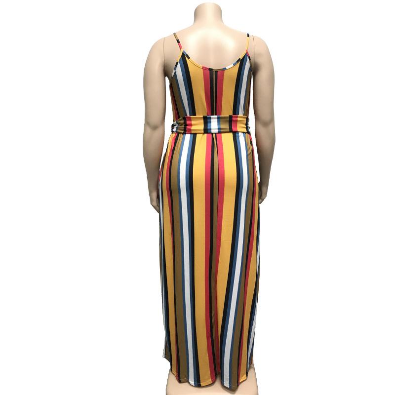 Large Women'S Stripe Loose Dress With Belt And Suspender Summer