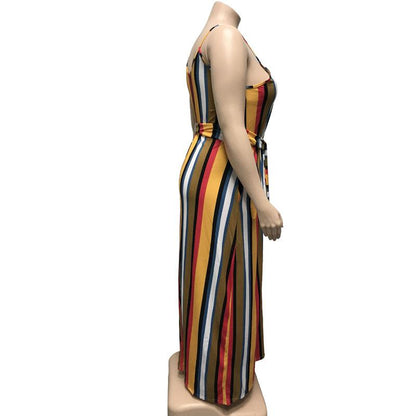 Large Women'S Stripe Loose Dress With Belt And Suspender Summer