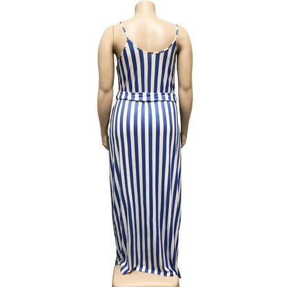 Large Women'S Stripe Loose Dress With Belt And Suspender Summer