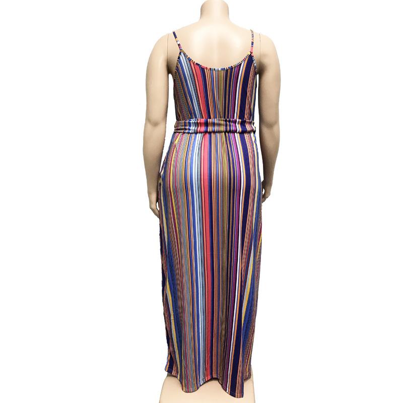 Large Women'S Stripe Loose Dress With Belt And Suspender Summer