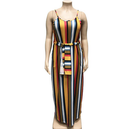 Large Women'S Stripe Loose Dress With Belt And Suspender Summer