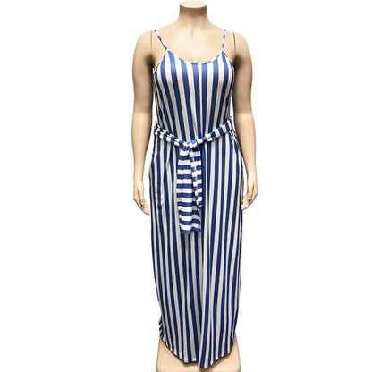 Large Women'S Stripe Loose Dress With Belt And Suspender Summer