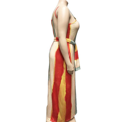 Large Women'S Stripe Loose Dress With Belt And Suspender Summer
