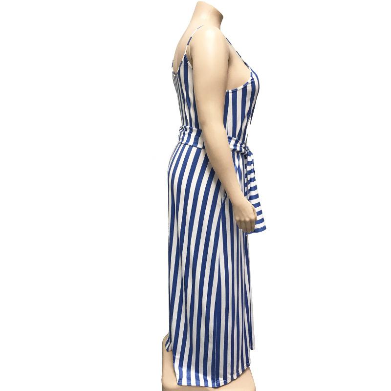 Large Women'S Stripe Loose Dress With Belt And Suspender Summer