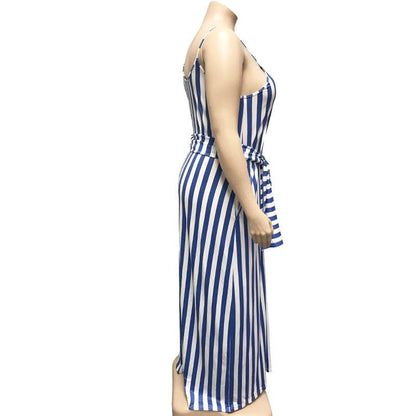 Large Women'S Stripe Loose Dress With Belt And Suspender Summer