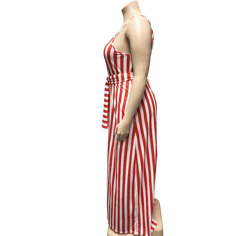 Large Women'S Stripe Loose Dress With Belt And Suspender Summer