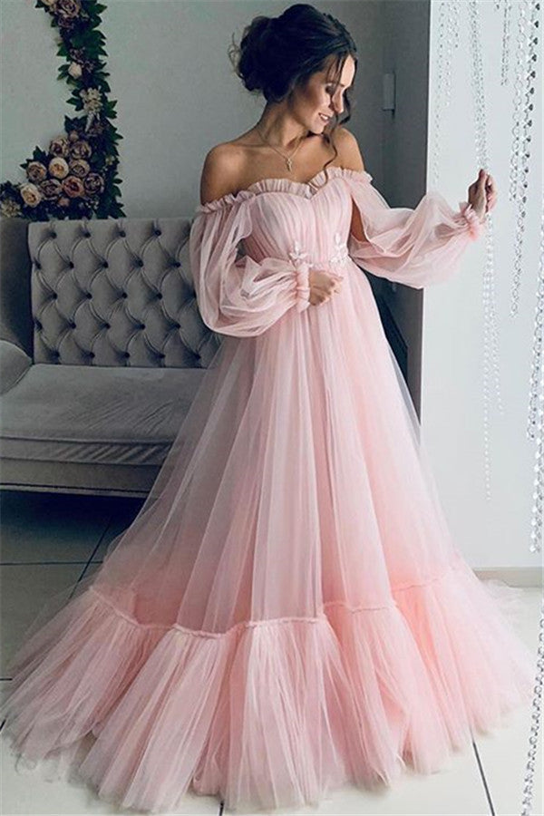 Off-Shoulder Tulle Long Sleeve Wedding Dress With Flared Skirt