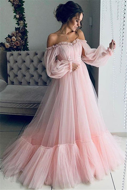 Off-Shoulder Tulle Long Sleeve Wedding Dress With Flared Skirt