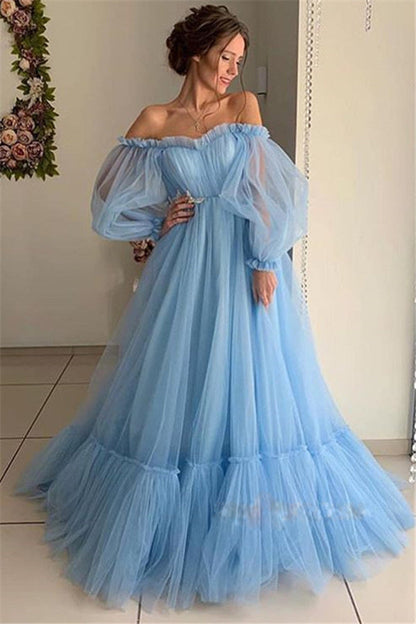 Off-Shoulder Tulle Long Sleeve Wedding Dress With Flared Skirt