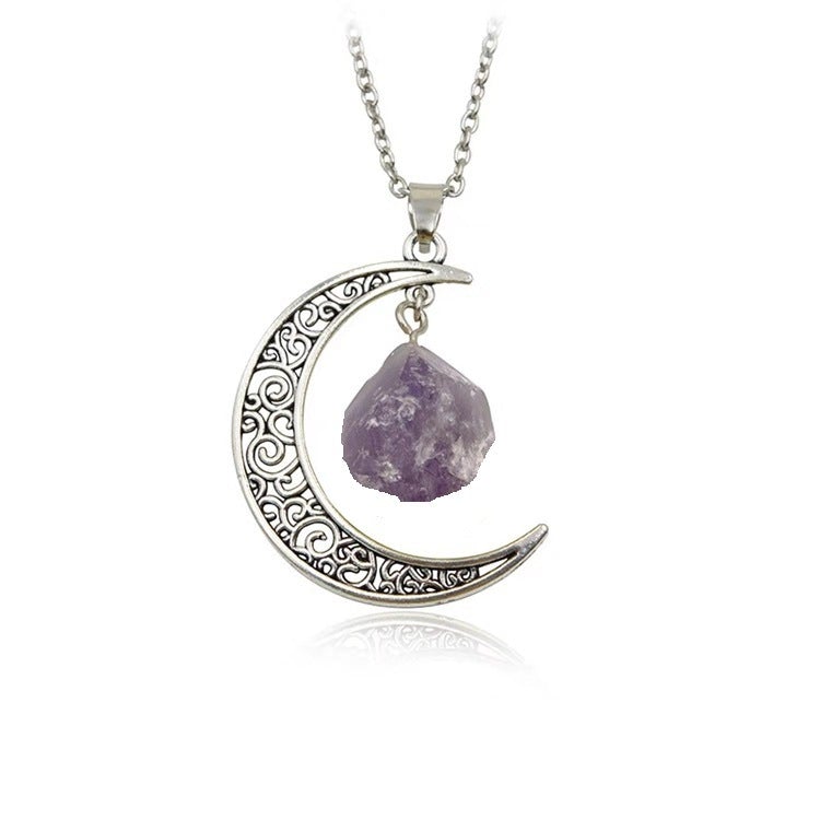 Natural Stone Crystal Necklace Vintage Moon Alloy Sweater Chain
