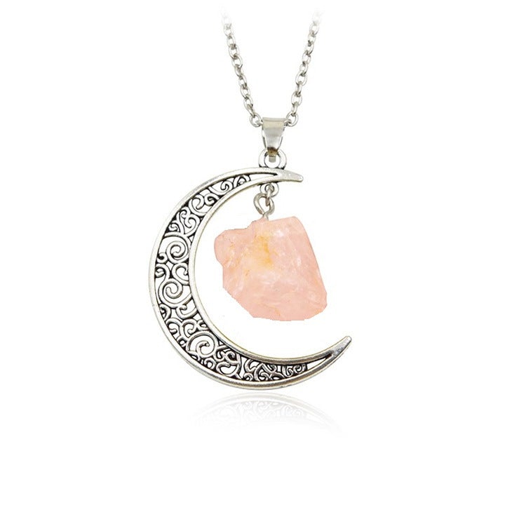 Natural Stone Crystal Necklace Vintage Moon Alloy Sweater Chain