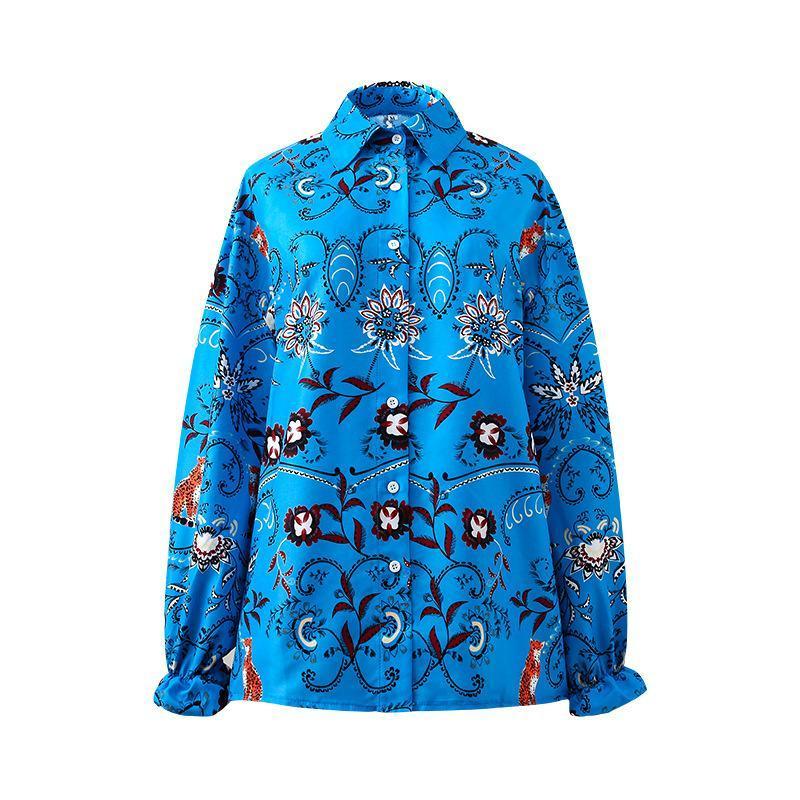 Boho Floral Printed Women Autumn Button Lapel Collar Long Sleeve Loose Shirt Blouse