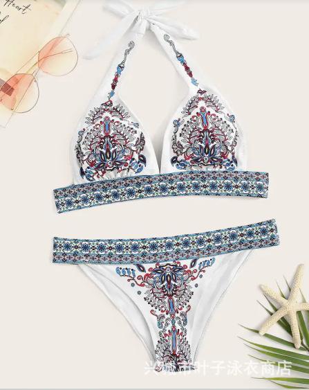 Ethnic Style Red Print Bikini Beach Strap Sexy Leaky Back Halter Split Swimsuit