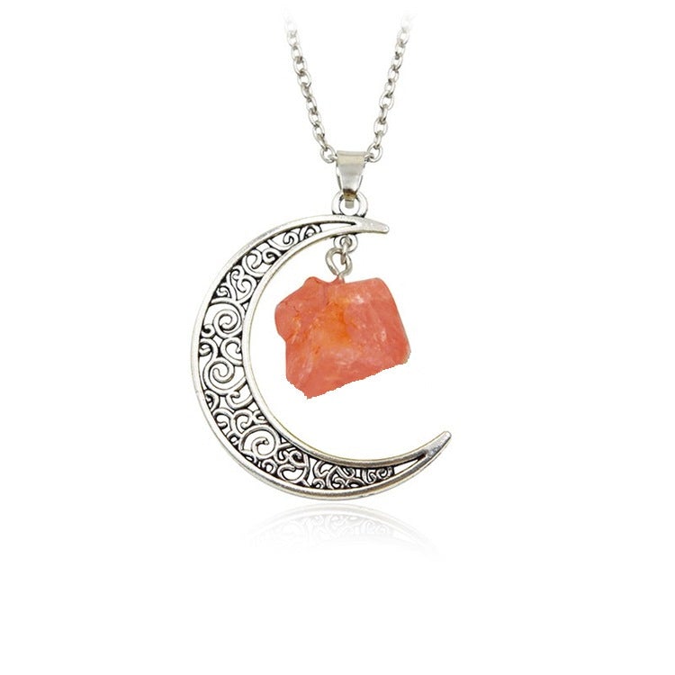Natural Stone Crystal Necklace Vintage Moon Alloy Sweater Chain
