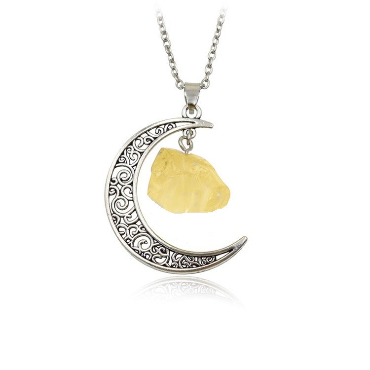 Natural Stone Crystal Necklace Vintage Moon Alloy Sweater Chain