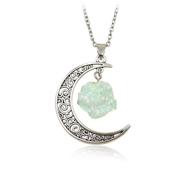 Natural Stone Crystal Necklace Vintage Moon Alloy Sweater Chain