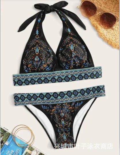 Ethnic Style Red Print Bikini Beach Strap Sexy Leaky Back Halter Split Swimsuit