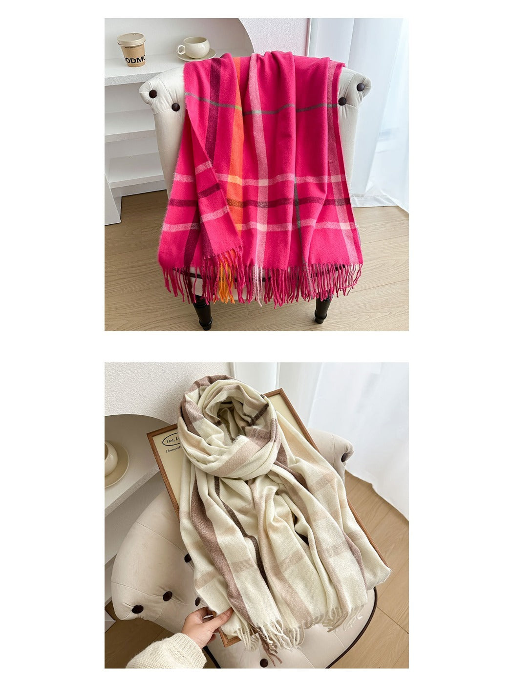 Scarvii - Reversible Color-Block Plaid Scarf with Fringe