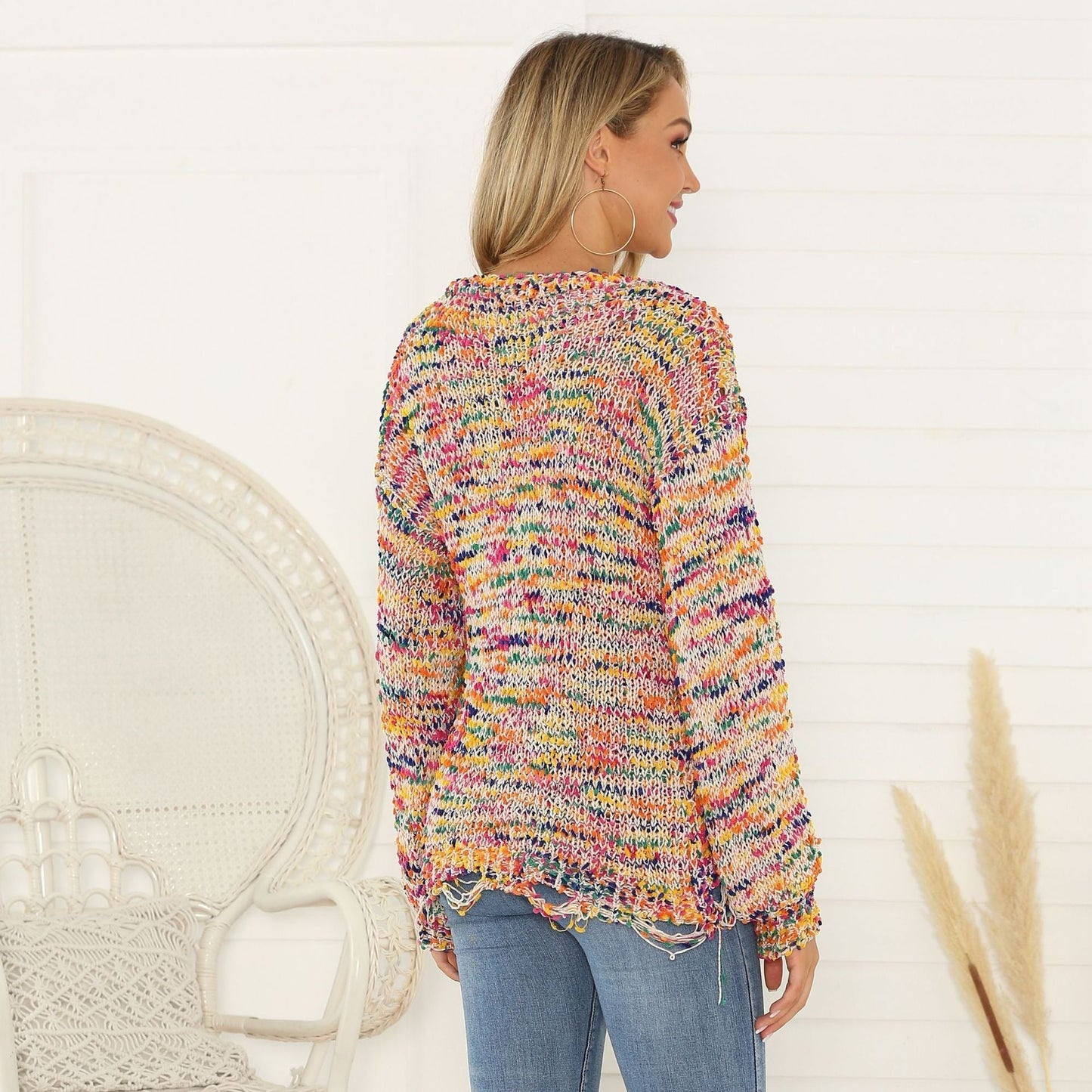 Camouflage Perforated Pullover Crew Neck Loose Sweater Women'S T-Shirt