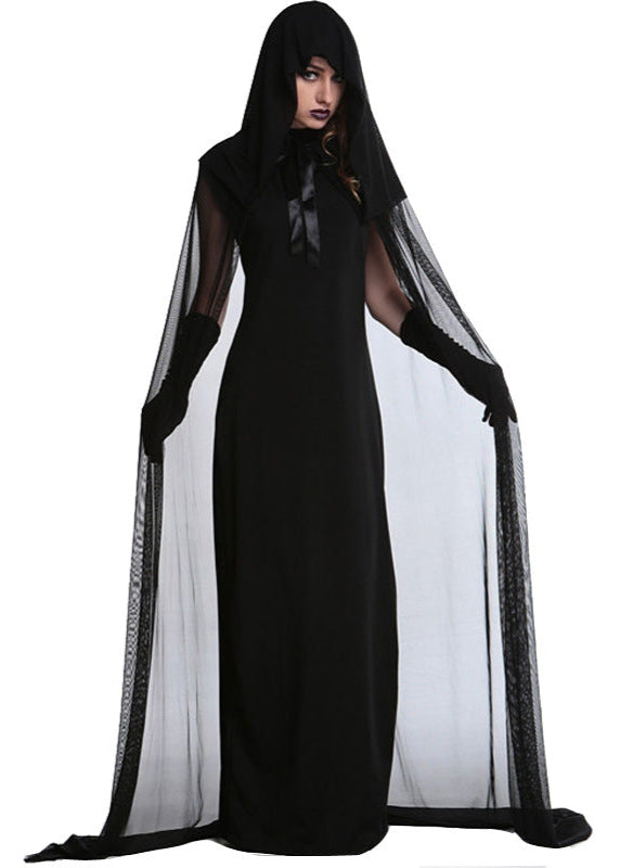 Long Black Dress With Sheer Hooded Cape