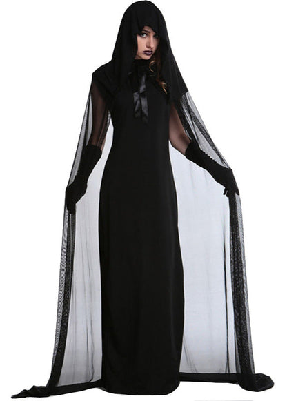 Long Black Dress With Sheer Hooded Cape