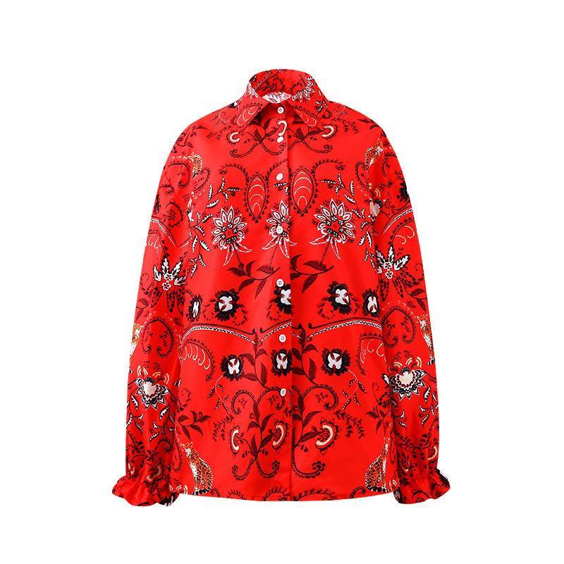 Boho Floral Printed Women Autumn Button Lapel Collar Long Sleeve Loose Shirt Blouse