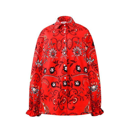 Boho Floral Printed Women Autumn Button Lapel Collar Long Sleeve Loose Shirt Blouse