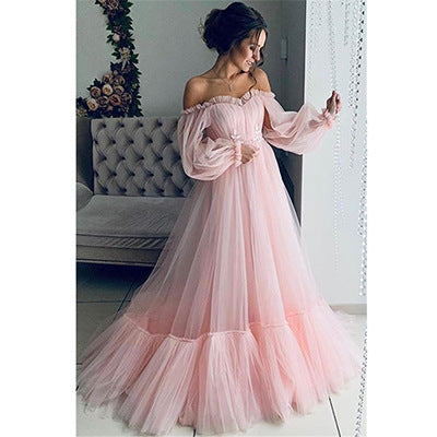 Off-Shoulder Tulle Long Sleeve Wedding Dress With Flared Skirt