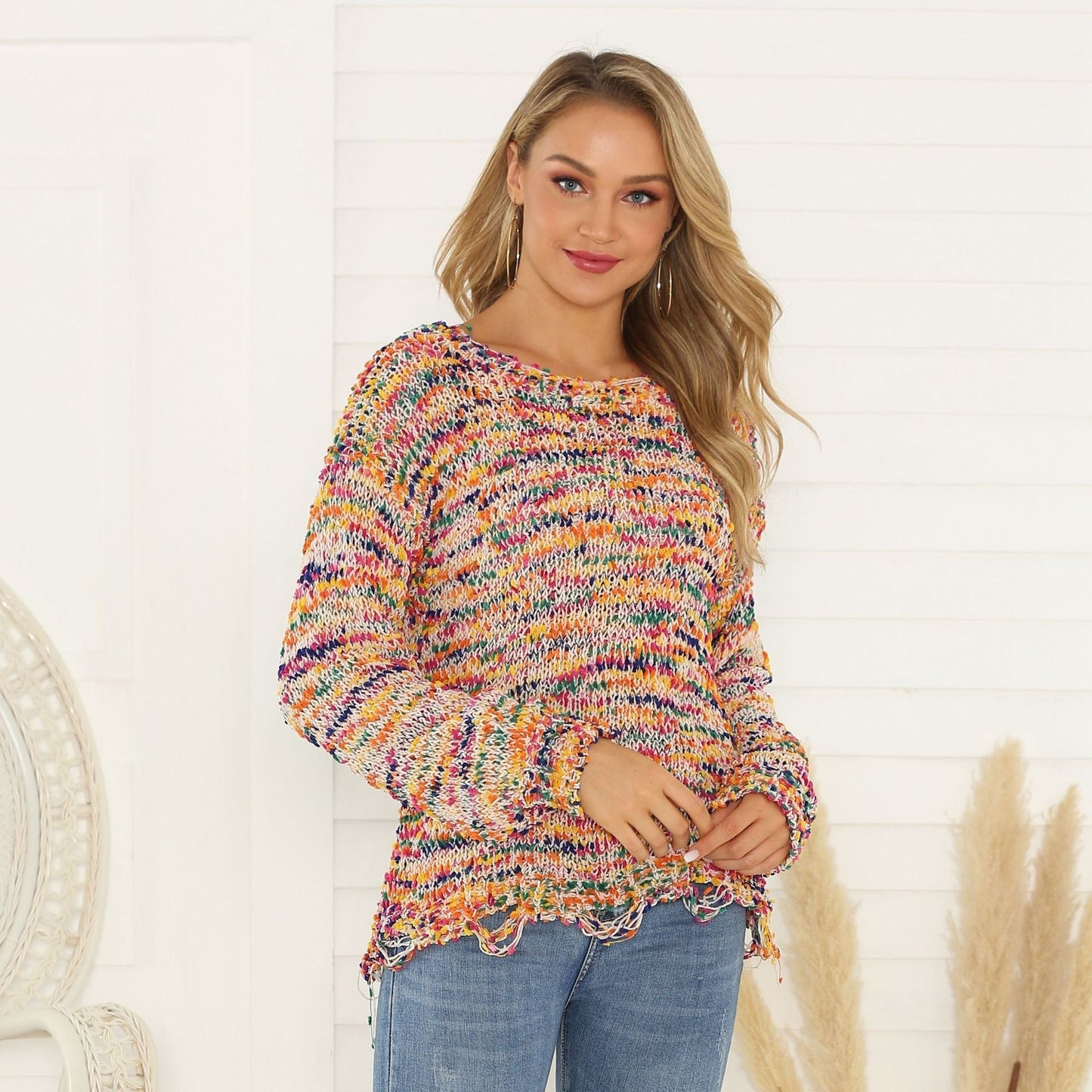 Camouflage Perforated Pullover Crew Neck Loose Sweater Women'S T-Shirt
