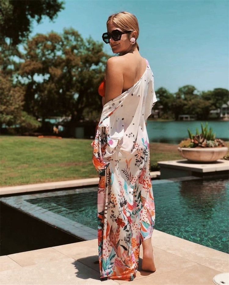 Four-Sided Pop-Up Print Beach Blouse Sexy Cardigan Holiday Sunscreen Blouse Bikini Outer Blouse
