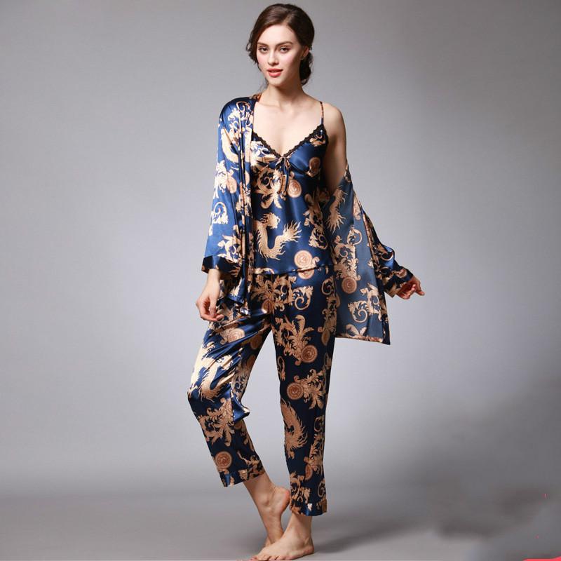 Silk Pair Pajamas Women Summer Three-Piece Suit Long-Sleeved