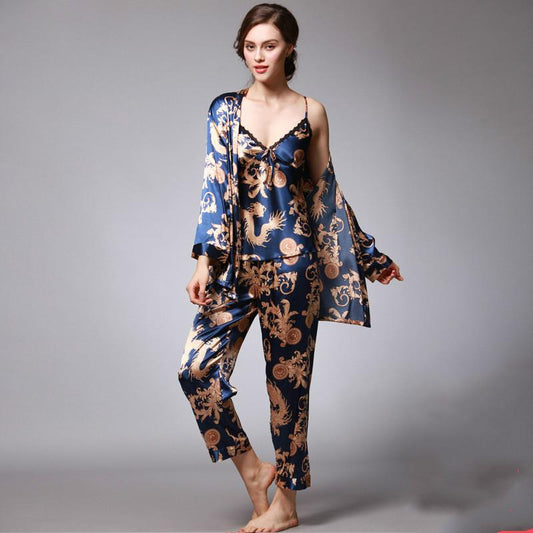 Silk Pair Pajamas Women Summer Three-Piece Suit Long-Sleeved