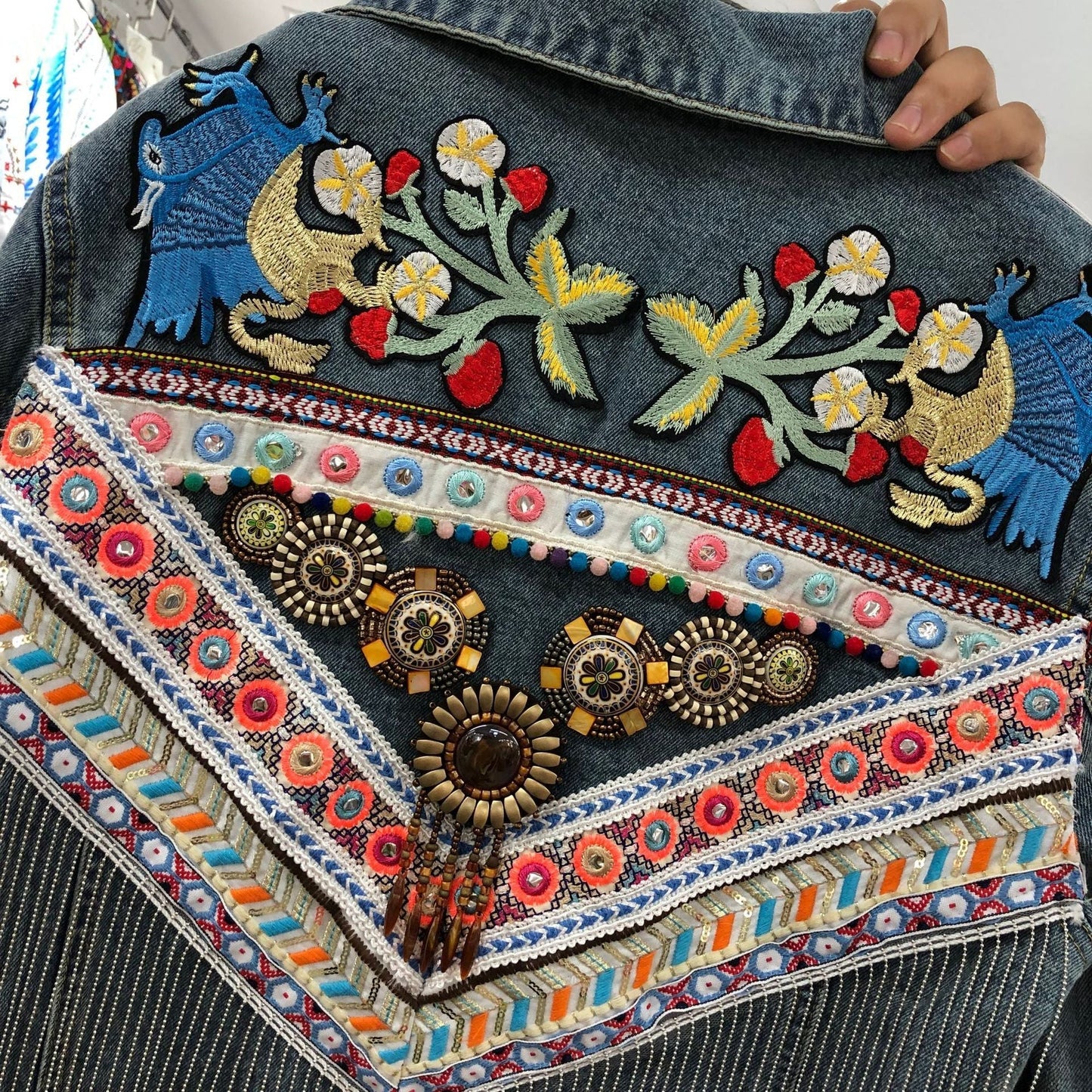 National Wind Thai Heavy Duty Embroidery Stitching Flow Su Loose Long-Sleeved Denim Jacket