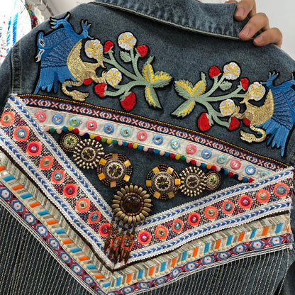 National Wind Thai Heavy Duty Embroidery Stitching Flow Su Loose Long-Sleeved Denim Jacket