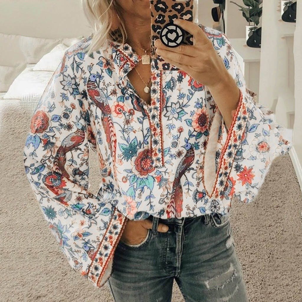 Women'S Loose Long Sleeve Printed Stand Up Collar Single Breasted Shirt