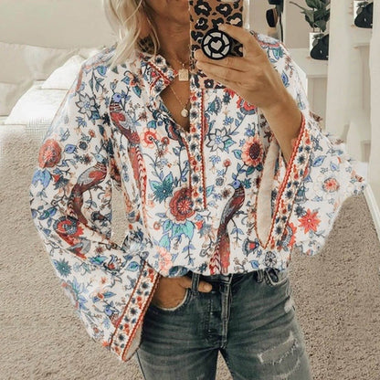 Women'S Loose Long Sleeve Printed Stand Up Collar Single Breasted Shirt