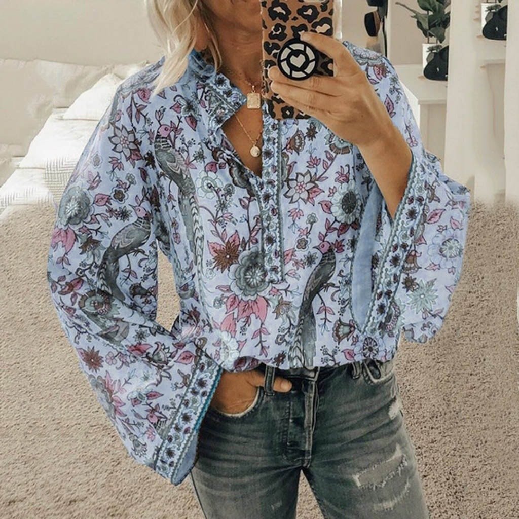 Women'S Loose Long Sleeve Printed Stand Up Collar Single Breasted Shirt