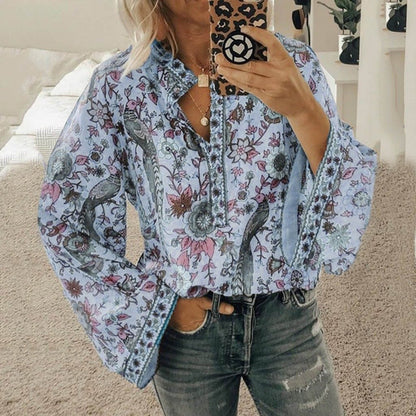 Women'S Loose Long Sleeve Printed Stand Up Collar Single Breasted Shirt