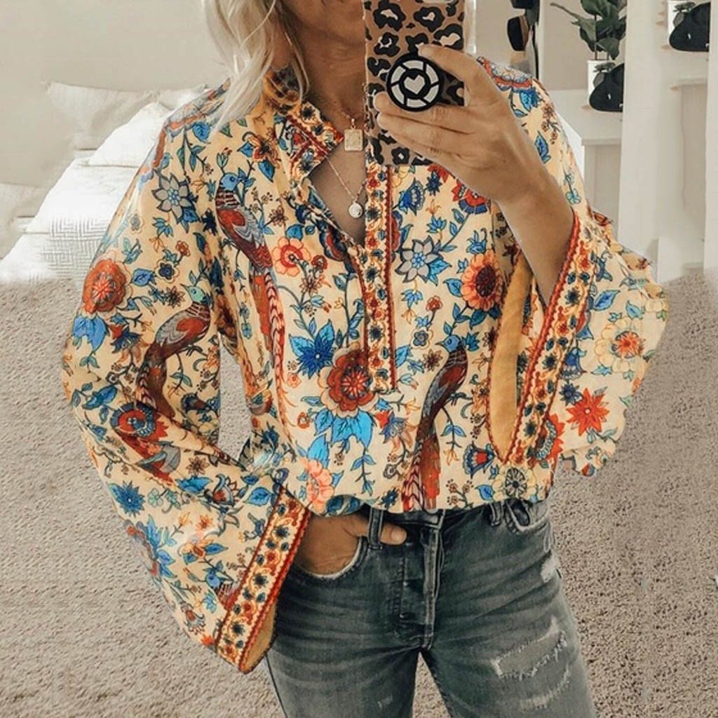 Women'S Loose Long Sleeve Printed Stand Up Collar Single Breasted Shirt