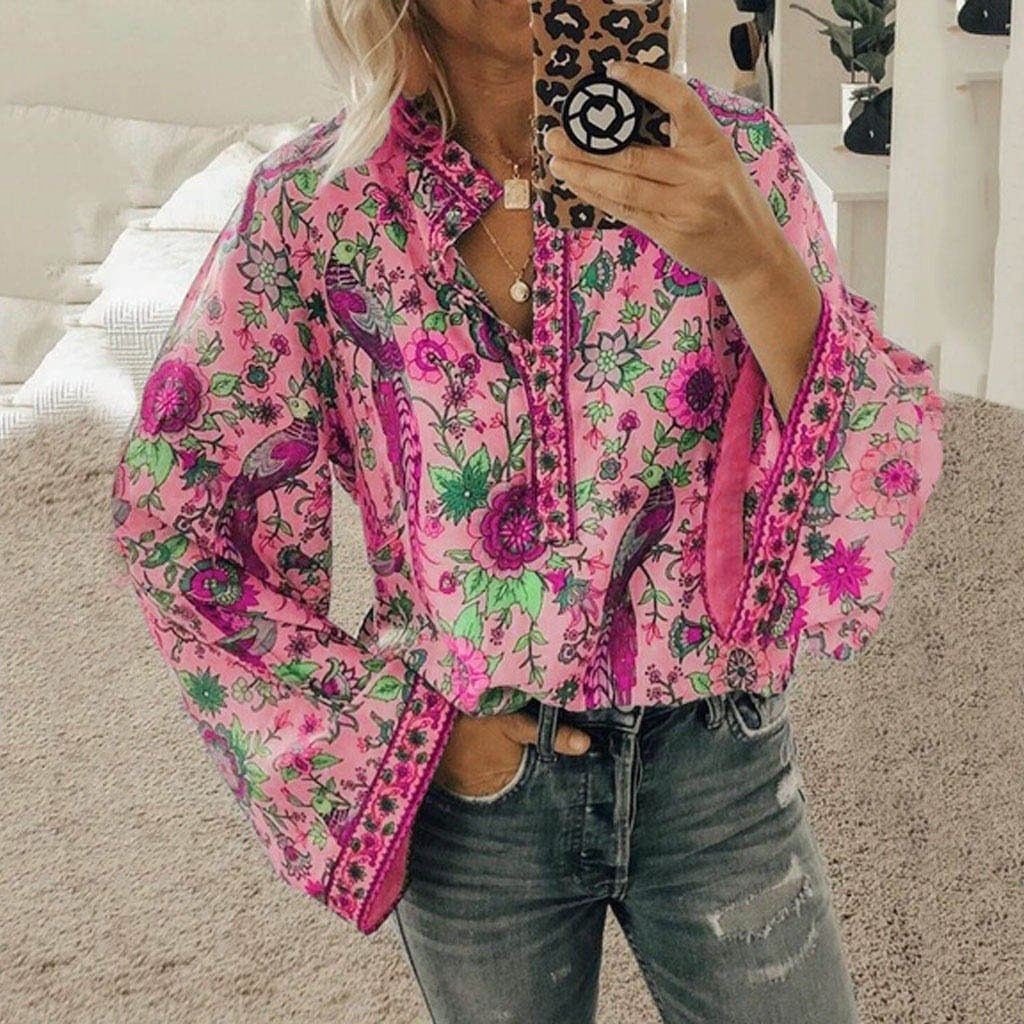 Women'S Loose Long Sleeve Printed Stand Up Collar Single Breasted Shirt