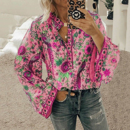 Women'S Loose Long Sleeve Printed Stand Up Collar Single Breasted Shirt