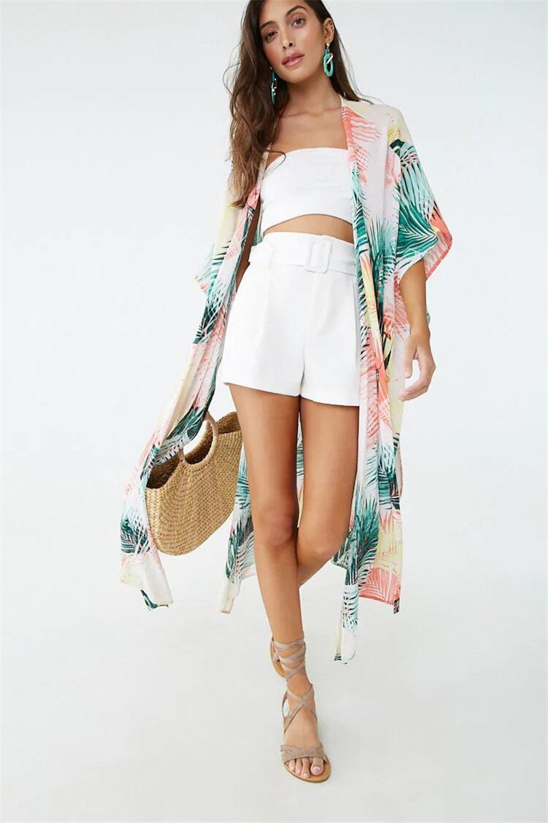 Cotton Color Leaf Printing Vacation Beach Cover Up