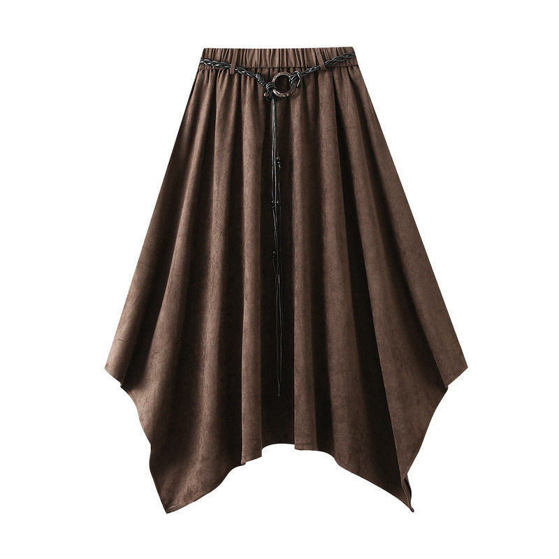 High Waist Suede Skirt With Belt And Asymmetrical Hem